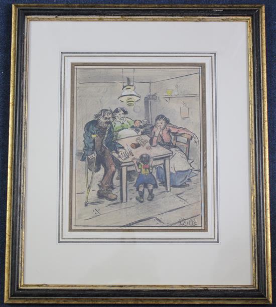Heinirich Zille (1858-1929) Kitchen interior with figures around a table, 10 x 8in.